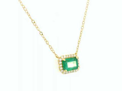 18K Yellow Gold Emerald-Cut Emerald Necklace with Diamond Halo