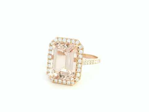 18K rose gold emerald-cut morganite ring with diamond halo and diamond band by Emirates Diamonds