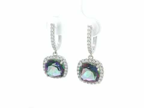 Mystic quartz and diamond drop earrings in 18K white gold with cushion-cut gemstones and diamond halo by Emirates Diamonds
