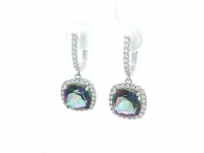 Mystic quartz and diamond drop earrings in 18K white gold with cushion-cut gemstones and diamond halo by Emirates Diamonds