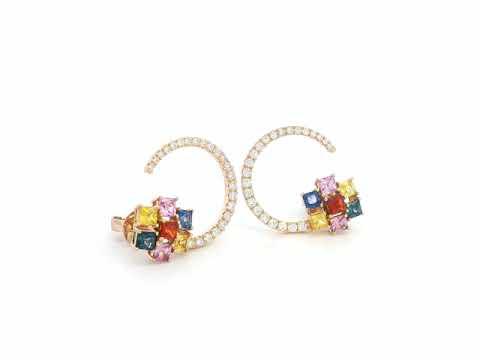 Bold multicolour gemstone earrings with half-moon silhouette in 18K gold