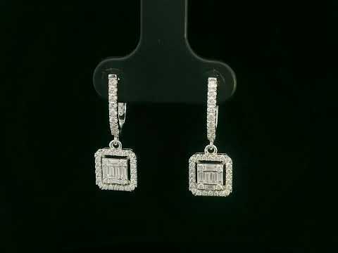 18K white gold baguette diamond drop earrings with halo — Emirates Diamonds