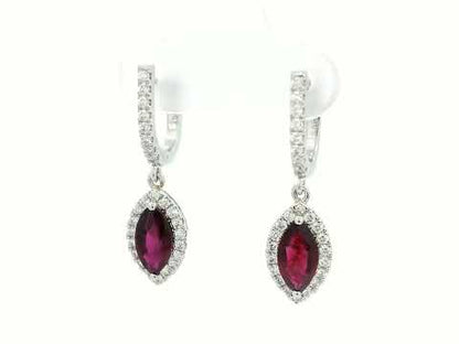 18K Gold Marquise Ruby and Diamond Halo Drop Earrings - 1.72ct Ruby