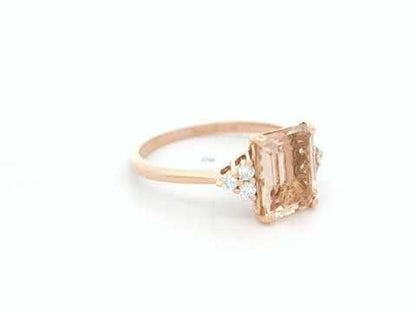18K Rose Gold Emerald-Cut Morganite and Diamond Cluster Ring –