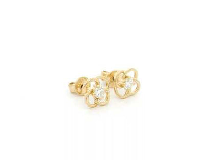 18K yellow gold diamond flower stud earrings featuring an open floral design with 0.19 carats of natural round brilliant diamonds and secure butterfly backs.