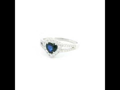 Heart shaped blue sapphire and diamond ring in 18K white gold with diamond split band