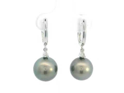 18K white gold Tahitian black pearl drop earrings with diamond accents, luxury pearl fine jewelry by Emirates Diamonds.