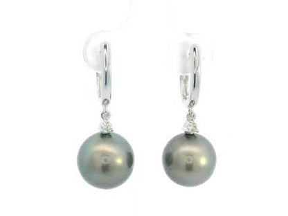 18K white gold Tahitian black pearl drop earrings with diamond accents, luxury pearl fine jewelry by Emirates Diamonds.