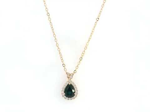 Pear sapphire diamond halo pendant necklace in 18K rose gold