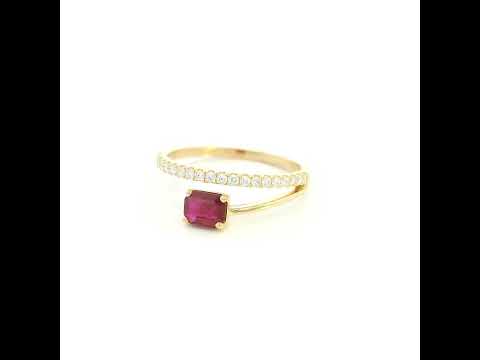 18K Yellow Gold Ruby Bypass Ring with 0.53 Carat Emerald Cut Ruby and 0.17 Carat Natural Diamonds