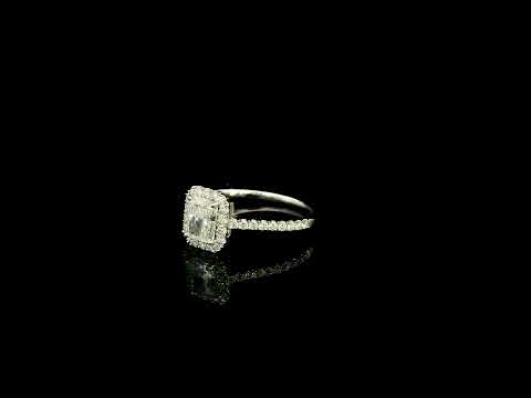 18K white gold radiant cut diamond halo engagement ring featuring a 1.01 carat GIA certified natural diamond with a diamond halo and pavé band.