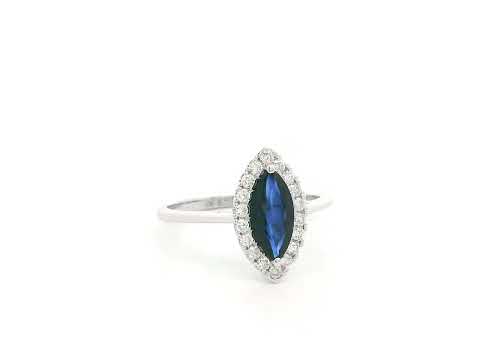 Marquise sapphire and diamond halo ring in 18K white gold with 1.14 carat natural sapphire