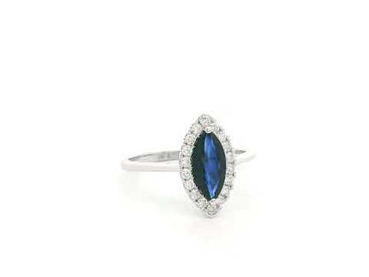 Marquise sapphire and diamond halo ring in 18K white gold with 1.14 carat natural sapphire