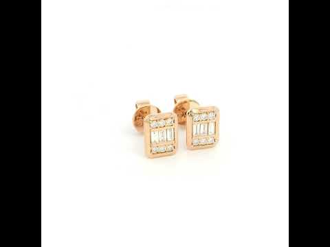 18K rose gold rectangular diamond stud earrings featuring baguette-cut and round brilliant natural diamonds with a total diamond weight of 0.22 Carat.