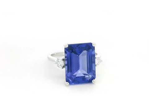 8.04 Carat Emerald-Cut Tanzanite Ring with Diamond Accents in 18K Gold