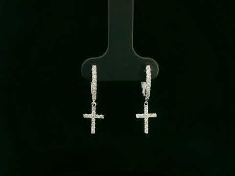 18K gold diamond cross drop hoop earrings with pavé-set natural diamonds by Emirates Diamonds.