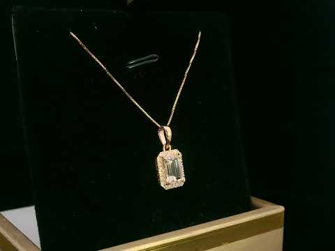  Emerald-Cut Morganite & Diamond Halo Pendant in 18K Gold