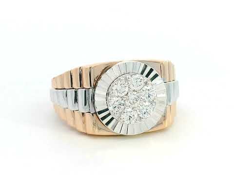 Men’s 18K two-tone gold diamond cluster ring with fluted bezel and ribbed band, 0.61 carat brilliant diamonds.