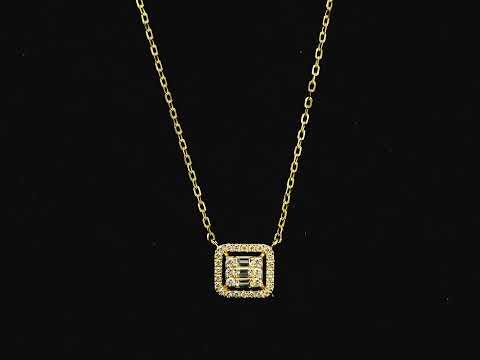 Baguette and round diamond halo pendant necklace in 18K yellow gold