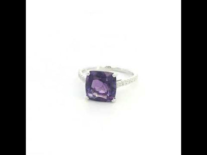 Cushion cut purple amethyst and diamond ring in 18K white gold