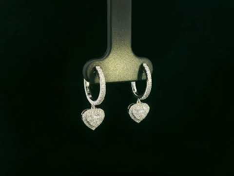 18K white gold diamond heart drop hoop earrings with pavé-set diamonds, luxury fine jewelry by Emirates Diamonds.