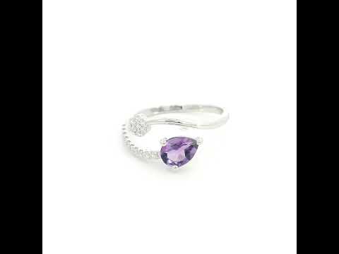 Amethyst and diamond ring in 18K white gold with pear shaped amethyst, diamond cluster and open band