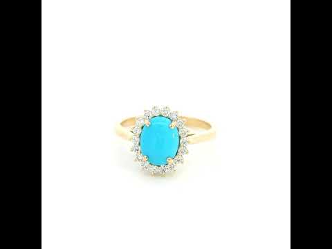 18K yellow gold turquoise and diamond halo ring with oval cabochon gemstone