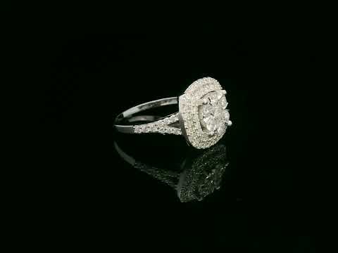 18K white gold double halo diamond engagement ring with pavé-set band, luxury fine jewelry by Emirates Diamonds.