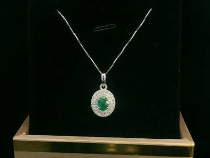 18K white gold emerald pendant with double diamond halo – 0.53ct oval emerald, 0.33ct diamonds, layering jewelry