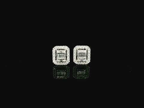 Baguette and round diamond halo stud earrings in 18K white gold Emirates Diamonds