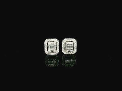 Baguette and round diamond halo stud earrings in 18K white gold Emirates Diamonds