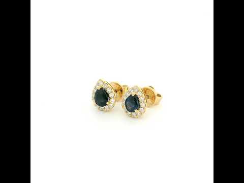 18K Yellow Gold Pear Shaped Blue Sapphire Halo Stud Earrings