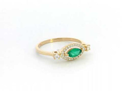 18K gold marquise emerald and diamond halo ring, 0.27ct emerald with 0.18ct diamonds, elegant fine jewelry for women.