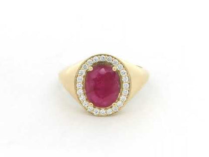Oval Ruby & Diamond Halo Men’s Ring in 18K Yellow Gold