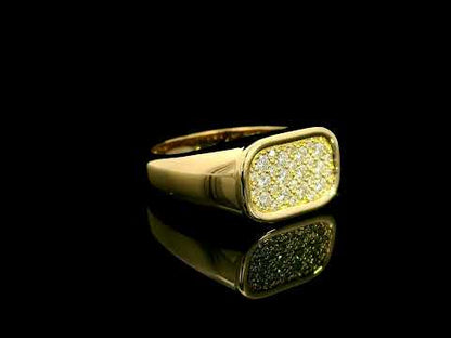 18K yellow gold pavé diamond signet ring with a rectangular diamond-set top and polished tapered band.