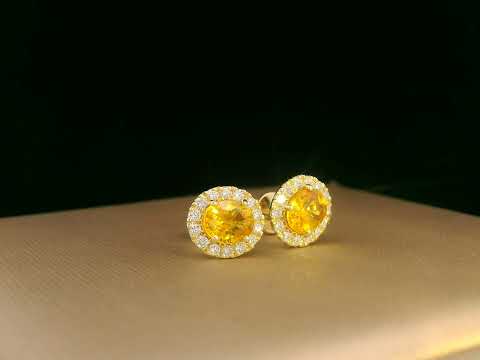 18K yellow gold yellow sapphire and diamond halo stud earrings – 1.69ct oval yellow sapphire with 0.32ct diamond halo, fine jewelry by Emirates Diamonds