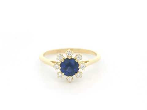 18K yellow gold blue sapphire ring with starburst-style diamond accents, sapphire weight 0.70 carat and total diamond weight 0.14 carat – Emirates Diamonds