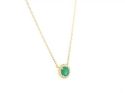 Emerald & Diamond Halo Necklace in 18K Yellow Gold