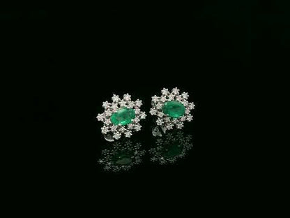Emerald & Diamond Stud Earrings in 18K White Gold