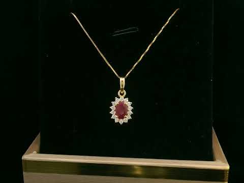 18K yellow gold oval ruby and diamond halo pendant – 0.74ct oval ruby, 0.20ct diamonds, layering jewelry