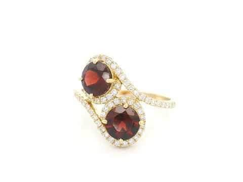 18K yellow gold double halo bypass ring with 2.79 carat red garnets and 0.33 carat diamonds, toi et moi statement design