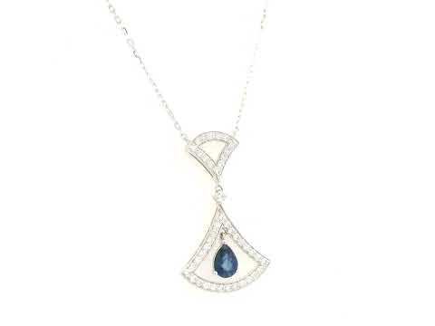 Blue sapphire and diamond drop necklace in 18K white gold by Emirates Diamonds