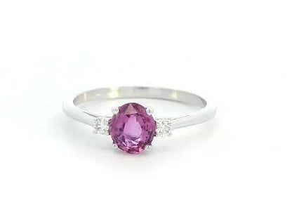 18K gold pink sapphire ring with 0.95 Ct round pink sapphire and 0.07 Ct diamond accents, luxury gemstone jewelry