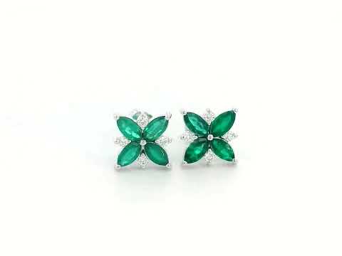 18K Gold Emerald and Diamond Flower Stud Earrings – Marquise-cut emerald petals with round diamond accents in a floral design