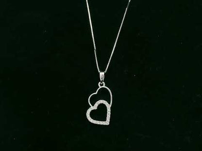 18K white gold double heart diamond pendant necklace with pavé diamonds – fine jewelry by Emirates Diamonds