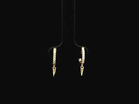 18K yellow gold diamond hoop earrings with spike drop charms, 0.22 carat natural diamonds.