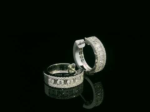 18K white gold geometric hoop earrings with baguette and round-cut diamonds, total 1.06ct