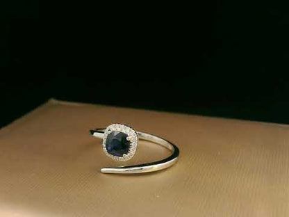18K White Gold Blue Sapphire and Diamond Halo Bypass Ring – 0.59ct Sapphire