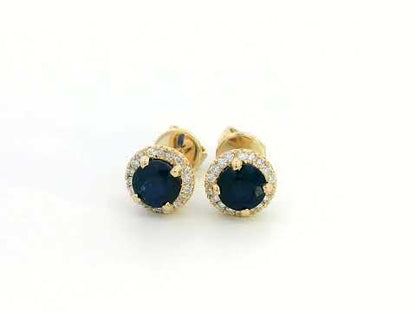 18K Gold Sapphire and Diamond Halo Stud Earrings featuring 1.48 carats of deep blue round-cut sapphires and 0.17 carats of brilliant diamonds