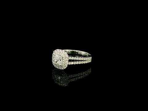 18K white gold halo engagement ring featuring a 0.51 carat GIA certified natural cushion cut diamond with D colour and VS2 clarity, surrounded by a double halo and split shank set with 0.50 carat natural round brilliant diamonds.